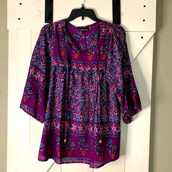 fashion fuse Tops - Women’s Fashion Fuse Purple Floral Wide Short Sleeve Oversized Boho Tunic Small